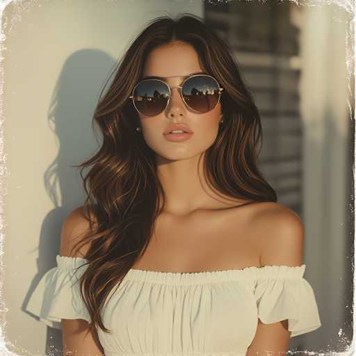 A young woman with long, wavy brown hair stands confidently in front of a white wall, her shadow cast behind her. She is wearing a white, off-the-shoulder blouse with a ruffled design that drapes elegantly over her chest. Her face is adorned with large, round sunglasses featuring gold rims and dark lenses, reflecting the surrounding buildings. Her lips are painted a soft pink, and she gazes directly at the camera with a composed expression. The background is blurred, with indistinct shapes that could be windows or blinds, adding a touch of mystery to the scene. The image has a vintage feel, with frayed edges and a slightly worn appearance, enhancing its nostalgic charm.