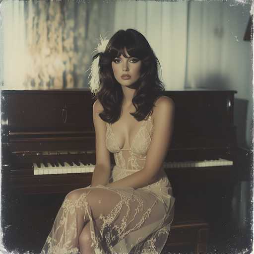 A captivating photograph features a woman seated gracefully on a piano bench in front of a dark brown piano. She is adorned in a sheer, lacy white dress that exudes elegance and sophistication. Her long, dark brown hair cascades down, complementing her striking makeup, which includes bold red lipstick and dramatic black eyeliner. A delicate white feather is tucked into her hair on the left side, adding a touch of whimsy to her appearance. The woman's legs are crossed, with her right leg resting over her left, and she gazes directly at the camera with a composed expression. The background is softly blurred, revealing white curtains and a white wall, which subtly frame the scene. The photograph itself has a vintage charm, with its edges slightly frayed and black specks scattered throughout, giving it an authentic, aged look.