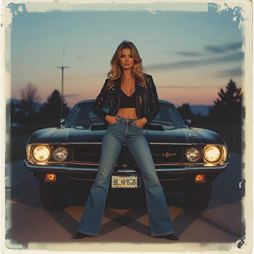 A captivating photograph features a young woman with long, wavy blonde hair cascading down to her chest. She stands confidently in front of a sleek, black sports car, exuding a blend of casual and edgy style. Her outfit consists of a black leather jacket worn open over a black sports bra, paired with blue jeans that flare out at the bottom, reminiscent of bell-bottoms. The car behind her, with its headlights on, adds a dramatic flair to the scene. The vehicle's license plate is visible but illegible. The backdrop showcases a serene landscape with a clear blue sky, a few scattered clouds, and a distant mountain range. The setting is further enriched by the presence of trees and a tall pole with an antenna, adding depth to the composition. The overall image has a slightly blurred quality, enhancing its dreamy and nostalgic atmosphere.