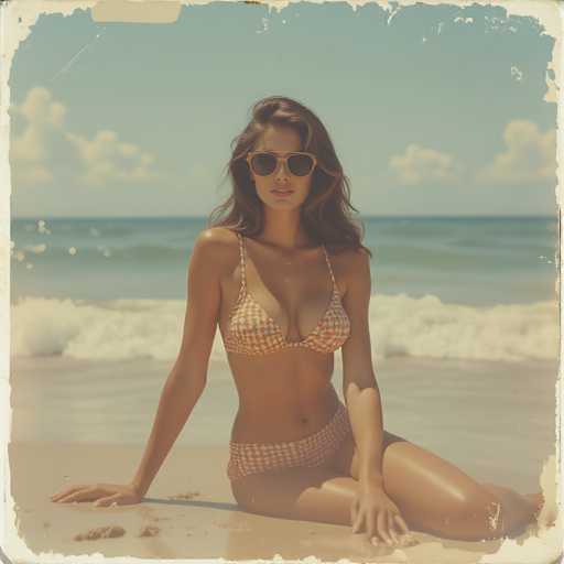 A young woman is seated on a sandy beach, her left hand resting on the sand while her right hand is placed on her knee. She is wearing a bikini top and bottom, both adorned with a vibrant pattern of red, orange, and white squares. Her long brown hair cascades down her back, and she sports sunglasses with a yellowish-brown frame. The background features a serene ocean with gentle waves, and the sky above is a light blue, dotted with fluffy white clouds. The image has a vintage aesthetic, with the edges appearing worn and torn, giving it a nostalgic feel.