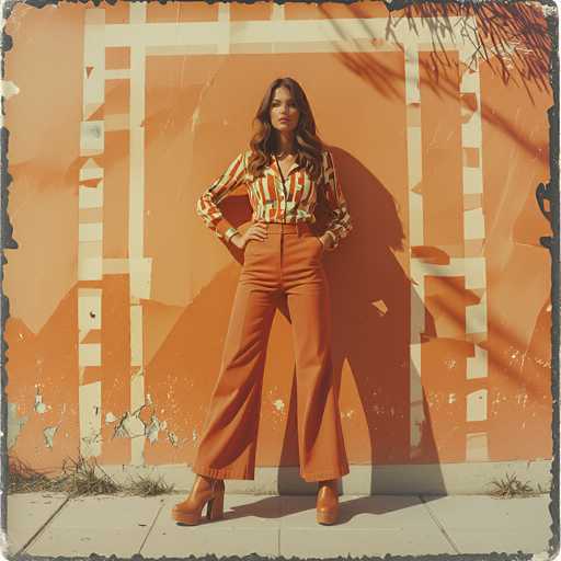 A vibrant photograph captures a young woman standing confidently in front of a weathered, orange wall adorned with white geometric patterns. The wall, showing signs of age with peeling paint and cracks, adds a rustic charm to the scene. The woman, who appears to be in her early 20s, has long, wavy brown hair cascading down to her chest. She is dressed in a striking, 70s-inspired outfit featuring orange bell-bottom pants and matching orange boots with high heels. Her top is a long-sleeved, button-down shirt with a bold pattern of orange, white, and green vertical stripes. With her left hand casually tucked into her pocket and her right hand resting on her hip, she exudes a relaxed yet poised demeanor. The ground beneath her is a gray sidewalk, with a few sprigs of grass peeking through the cracks, adding a touch of nature to the urban setting. The photograph is framed with a black border, giving it a polished, vintage feel.