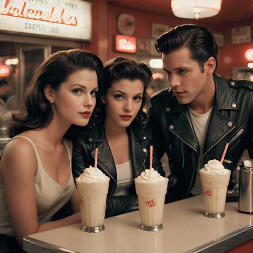 In this AI-generated image, three individuals are seated at a white table in a vintage-style diner. The scene is set against a backdrop of a red wall adorned with various signs, including a prominent neon sign that reads "Cola" and another partially obscured sign that appears to say "Yakko's." The table is set with three milkshakes, each topped with a pink straw and a dollop of whipped cream. The milkshakes are in clear glasses, with the one on the right featuring a red logo that seems to spell "Yakko's."

The person on the left is a woman with brown hair styled in a 1950s fashion. She is wearing a white tank top and has a noticeable distortion in her right eye, which appears to be fusion with her nose. The woman in the middle also has brown hair and is dressed in a black leather jacket over a white tank top. Her left eye is similarly distorted, fusing with her nose. The man on the right has slicked-back brown hair and is wearing a black leather jacket over a white t-shirt. His left eye is also distorted, fusing with his nose.

The overall composition of the image, with its vintage diner setting and the peculiar distortions of the figures, creates a surreal and unsettling atmosphere.