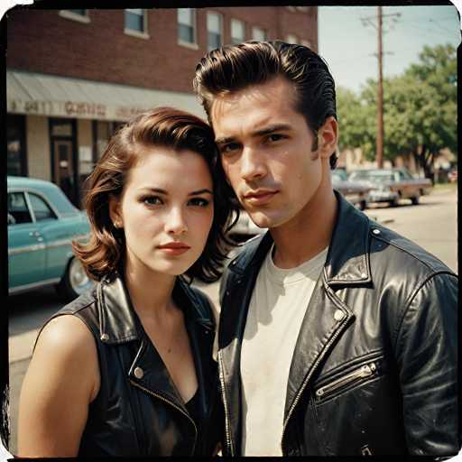 A vibrant, color photograph captures a young couple standing on a bustling street, exuding a distinct 1950s Americana style. The man, positioned on the right, sports a sleek black leather jacket over a white t-shirt. His dark brown hair is meticulously slicked back, and he gazes directly at the camera with a serious expression. Beside him, the woman, also with dark brown hair styled in a similar fashion, wears a black leather vest over a black top. Her face, adorned with makeup, reflects a subtle smile as she looks towards the camera. The background features a classic brick building with a white awning, typical of mid-20th century architecture. Several vintage cars from the 1950s or 1960s are parked along the street, enhancing the nostalgic atmosphere. A telephone pole stands to the right, and a tree adds a touch of greenery to the scene. The photograph is framed with a black border, and the edges show signs of wear, with white patches visible at the top left, bottom left, and bottom right corners.