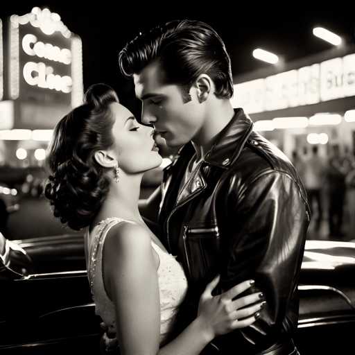 A couple is sharing an intimate moment on a car seat at night. The man wears a leather jacket and the woman has her hair styled in loose waves. They are both looking directly into each other's eyes with affectionate smiles.