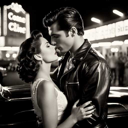 A black and white photograph captures a tender moment between a man and a woman, both appearing to be in their 20s or 30s. The man, with slicked-back hair and a leather jacket, stands on the right, gazing down at the woman. She, with her hair styled in a bun and wearing a white dress, looks up at him with her eyes closed, her lips slightly parted as if about to kiss. The woman's hand rests gently on his bicep, her nails painted black. They are standing in front of a vintage car, possibly from the 1950s, adding a nostalgic touch to the scene. The background is blurred, but a neon sign reading "Come Close" and a row of lights suggest they are in a lively area, perhaps a bar or restaurant. The overall composition evokes a sense of romance and intimacy, reminiscent of a classic Hollywood film.