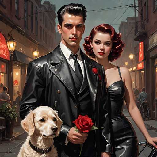 In this AI-generated image, a man and a woman are depicted standing on a sidewalk in front of a row of shops. The man, positioned on the left, is dressed in a black leather jacket over a black suit and tie, with a red rose pinned to his lapel. He has slicked-back black hair and is holding a red rose in his right hand. Beside him stands a golden retriever, also adorned with a black collar and a red rose in its mouth. The woman, standing to his right, has striking red hair styled in a 1950s fashion and is wearing a black dress with a single strap over her left shoulder. She has red lipstick and is holding the handlebars of a bicycle. The background features a row of shops with red signs, and a few people can be seen standing in front of the stores. The overall scene is set against a backdrop of urban architecture, with buildings and streetlights visible in the distance.