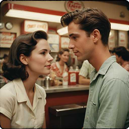 In this AI-generated image, a man and a woman are depicted standing in a vintage-style diner, facing each other. The woman, positioned on the left, has short brown hair styled in a 1950s fashion. She is wearing a white button-up shirt with short sleeves. The man, on the right, has short brown hair and is dressed in a light blue button-up shirt with short sleeves. They are standing close together, with their noses almost touching, and both are smiling.

The background features a diner counter with a red base and a silver top. A woman, presumably a waitress, stands behind the counter, wearing a red and white dress. She has brown hair and is looking towards the man and woman in the foreground. On the counter, there are two bottles of ketchup and a can of Coke, adding to the retro ambiance.

The walls of the diner are adorned with various signs and posters, though they are blurry and indistinct. The overall scene captures a nostalgic 1950s diner atmosphere, with the characters' attire and setting meticulously detailed to reflect that era.