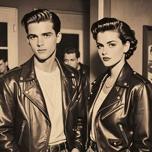 A vintage black and white photograph captures a stylish couple, likely in the 1950s or early 60s, posing indoors. The focus is on a young man and woman wearing matching leather jackets with zippers, giving them a cool, retro aesthetic. The man is positioned on the left, looking directly at the viewer with a serious expression, while the woman stands to his right, also gazing intently. 

The background is slightly blurred but suggests a hallway with a doorway and another person partially visible in the distance. The lighting is soft, highlighting the texture of the leather jackets and creating a dramatic contrast with the darker background. The overall tone is one of classic cool, emphasizing the fashion and the couple's poised demeanor.