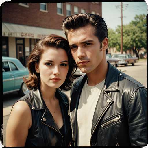 A man and woman stand together on a street corner, both wearing leather jackets and posing for the camera with serious expressions.