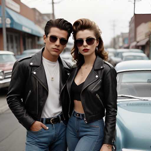In this vibrant photograph, a young couple stands confidently in front of a vintage light blue car, exuding a retro charm reminiscent of the 1950s or 1960s. The man, positioned on the left, sports a sleek black leather jacket over a white t-shirt, accessorized with a gold necklace. His dark brown hair is slicked back, and he wears stylish sunglasses. His right hand rests casually in his pocket, with his thumb protruding. The woman beside him, on the right, mirrors his confident stance. She dons a black leather jacket over a black tube top, paired with blue jeans. Her long brown hair is styled in a voluminous 1950s fashion, and she complements her look with red lipstick and dangling earrings. Both are wearing sunglasses, adding to their vintage-inspired allure. The background features a bustling street lined with old-fashioned buildings and parked cars, enhancing the nostalgic atmosphere of the scene.