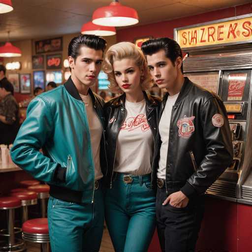 In this vibrant photograph, three individuals are captured in a nostalgic 1950s diner setting. The trio consists of two men and one woman, all dressed in period-appropriate attire. The man on the left sports a striking turquoise leather jacket paired with matching turquoise pants, complemented by a white t-shirt. His slicked-back hair and confident stance add to his retro charm. The woman in the center exudes classic beauty with her blonde hair styled in a quintessential 1950s fashion. She wears a white t-shirt adorned with red lettering, a black leather jacket, and blue jeans, her lips painted a bold red. The man on the right mirrors the style of his companion on the left, donning a black leather jacket with a red emblem, a white t-shirt, and black jeans. His slicked-back hair and overall appearance complete the nostalgic ensemble.

The backdrop features a red wall adorned with various signs, enhancing the vintage atmosphere. A prominent yellow sign with red lettering spells out "S-U-A-Z-R-E-K-S," adding a touch of authenticity to the scene. The diner's decor includes red and silver bar stools, a red and silver soda fountain, and a red and silver menu board, all contributing to the retro ambiance. The ceiling is white with red hanging lights, casting a warm glow over the setting. In the background, other patrons can be seen, adding to the lively atmosphere of this charming 1950s diner scene.