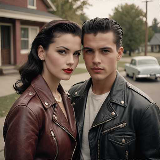 A young couple stands in the foreground of a picturesque suburban street, exuding a vintage 1950s charm. The woman, positioned on the left, is adorned in a brown leather jacket with a zipper and a prominent collar. Her long, dark brown hair cascades down her back, complementing her striking red lipstick and the white necklace with a gold center. Her face is turned towards the camera, though her gaze is directed slightly to the right. 

To her right stands a man with slicked-back black hair, dressed in a black leather jacket over a white t-shirt. His expression is serious, and he looks directly at the camera. 

Behind them, a classic blue car from the 1950s era is parked on the street. The background features a red brick house with a white roof, a brown door, and a window. A large tree stands to the right of the house, and a telephone pole is visible in the distance. The sky above is a muted gray, adding to the nostalgic atmosphere of the scene.