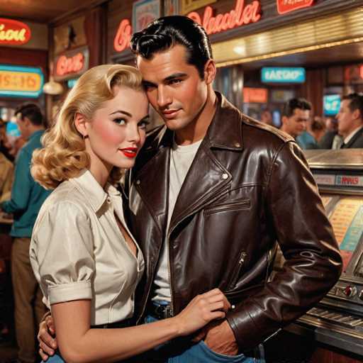 In this vibrant, AI-generated image, a man and a woman are depicted in a nostalgic 1950s diner setting. The woman, positioned on the left, has striking blonde hair styled in a 1950s fashion, and she is wearing a white blouse with rolled-up sleeves. Her face is adorned with bright red lipstick, and she gazes directly at the viewer. The man, standing to her right, sports a dark brown leather jacket over a white t-shirt and blue jeans. His hair is slicked back, reminiscent of the iconic style of James Dean or Elvis Presley. He has a serious expression and looks off to the left. His right arm is wrapped around the woman's waist, while her left hand rests on his hip. The background features a classic diner scene with a jukebox, neon signs, and other patrons, all contributing to the retro ambiance. The image has a slightly blurred quality, enhancing its vintage feel.