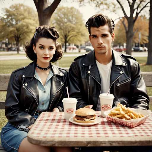 A couple is seated at a picnic table with a red and white checkered tablecloth on the ground. The man wears a black leather jacket and has his arm around the woman who is wearing a blue dress. They are enjoying a meal of french fries and hamburgers, which they have placed in front of them on the table.