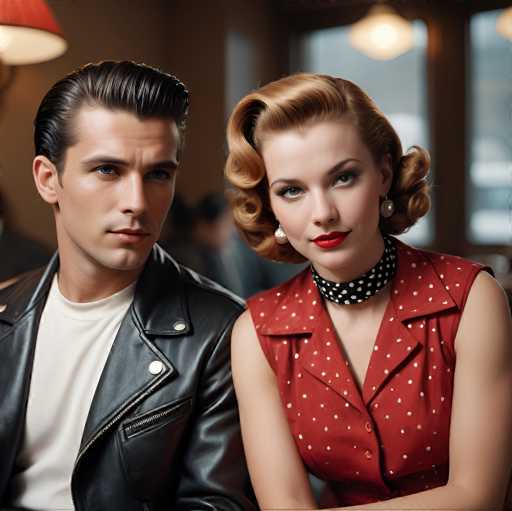 The image depicts a young couple, likely in their 20s, seated in a restaurant with a blurred background. The man, positioned on the left, has slicked-back dark brown hair and blue eyes. He is dressed in a white t-shirt layered under a black leather jacket. The woman, seated to his right, has short, curly blonde hair styled in a 1950s fashion. She is wearing a sleeveless red polka dot vest over a black and white polka dot scarf, and her outfit is complemented by pearl earrings and bright red lipstick. Both individuals are looking directly at the camera, with the woman's expression being more neutral and the man's slightly more serious. The background features a brown wall, a window, and a light fixture, adding to the ambiance of the setting.