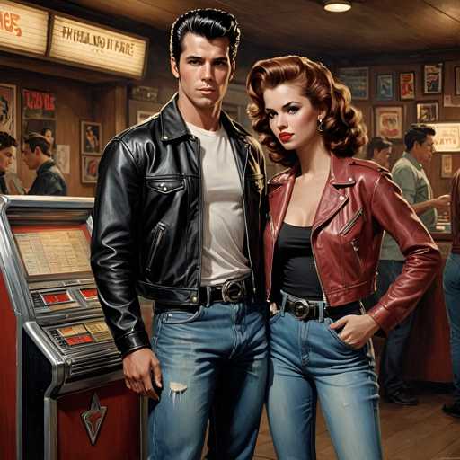 A man and woman stand side by side in a bar, with the man wearing a black leather jacket and jeans and the woman wearing a red leather jacket and blue jeans. The bar has a neon sign that reads "PATTERNAL AND PRACTICAL", indicating it is likely an establishment focused on music or entertainment rather than food or drink.