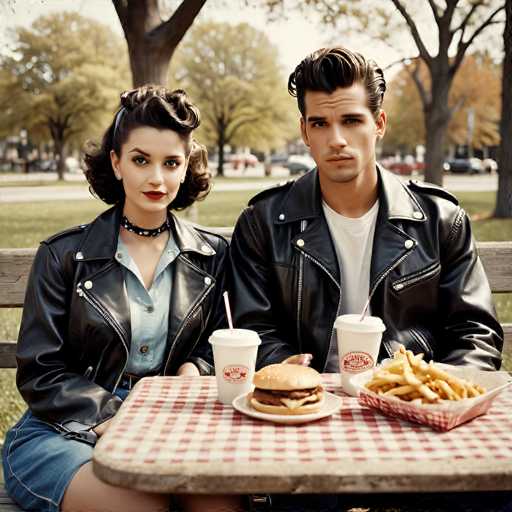 In this AI-generated image, a young couple is seated at a picnic table in a park, enjoying a meal together. The woman, positioned on the left, has short brown hair styled in a 1950s fashion and is wearing a denim skirt. She sports a black choker necklace and a blue button-up shirt, complemented by a black leather jacket. Her expression is notably distorted, with her eyes appearing unnaturally large and her mouth oddly shaped. The man beside her, also with brown hair styled in a 1950s fashion, is dressed in a white t-shirt and a black leather jacket. His face is similarly distorted, with his eyes looking unnaturally large and his forehead wrinkled. In front of them on the table are a burger, fries, and two cups, adding to the casual picnic setting. The background features a park with trees, a road, and some cars, enhancing the outdoor ambiance of the scene.
