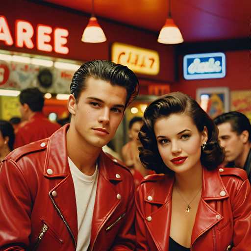 In this vibrant photograph, a young man and woman are captured in a stylish setting, both donning striking red leather jackets. The man, positioned on the left, sports a sleek white t-shirt beneath his jacket, accentuating his short black hair that is neatly combed back. His face is adorned with a subtle mustache, and he gazes directly at the camera with a composed expression. The woman, seated to his right, exudes elegance with her short, curly brown hair and a black top peeking out from under her jacket. Her lips are painted a bold red, and she accessorizes with a delicate necklace featuring a small pendant. She too looks straight at the camera, creating a sense of connection with the viewer.

The background is a blur of activity, suggesting a lively atmosphere. To the left, a man in a red shirt stands with his back to the camera, while to the right, another man in a black shirt is partially visible. The setting is illuminated by various neon signs, including a prominent red sign with white letters spelling "A-R-E-E," and a yellow sign with red letters that are indistinct. A blue neon sign with white cursive writing adds to the ambiance, though its text is also unreadable. The overall scene is a dynamic blend of color and light, capturing a moment of urban chic.