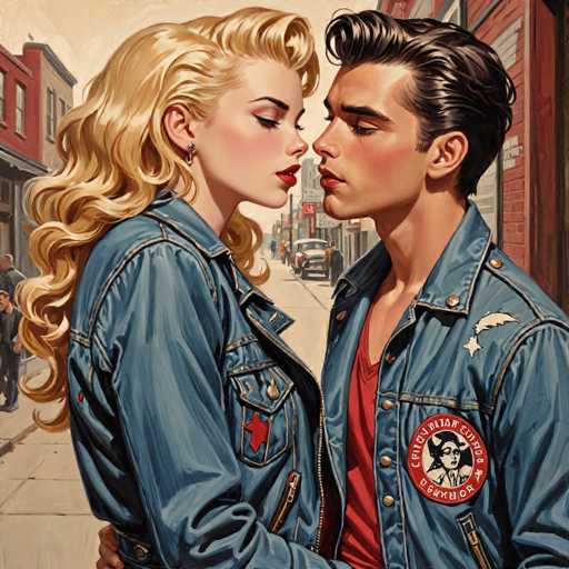 This image depicts a scene reminiscent of the 1950s, featuring a young couple standing on a sidewalk in front of a row of buildings. The woman, with long blonde hair, is wearing a denim jacket adorned with a red cross on the left side of her chest. She has her eyes closed and is leaning in towards the man, who has dark hair and is dressed in a denim jacket with a red shirt underneath. His eyes are also closed, and he appears to be leaning in as well. The background includes several buildings, with one prominently displaying a red and white sign. A vintage car is parked on the street, adding to the nostalgic atmosphere. The scene is further populated by a few people standing on the sidewalk, enhancing the lively, yet intimate setting.