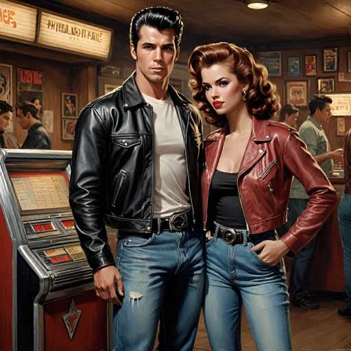 This AI-generated image depicts a scene reminiscent of the 1950s, featuring a man and a woman standing in front of a jukebox. The man, who bears a striking resemblance to John Travolta in his "Grease" role, is dressed in a black leather jacket over a white t-shirt, paired with blue jeans. His hair is slicked back, and he has a serious expression on his face. The woman beside him has a 1950s hairstyle and is wearing a red leather jacket over a black tank top, also with blue jeans. She has red lipstick and is looking off to the side. The background includes several other people, a jukebox, and various signs, contributing to the nostalgic atmosphere. However, the image has several anomalies: the man's hand appears deformed with extra fingers, the woman's hand is oddly positioned in her pocket, and the jukebox is missing its glass front. Additionally, the woman's face looks slightly off, adding to the overall sense that this is an AI-generated image.