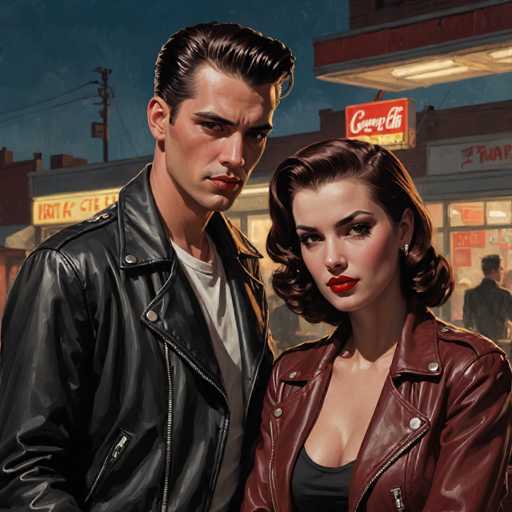 In this AI-generated image, a man and a woman are depicted in a style reminiscent of 1940s or 1950s film noir. The man, positioned on the left, has slicked-back hair and is dressed in a black leather jacket over a white t-shirt. He exudes a serious demeanor. The woman, standing to his right, has short brown hair and is wearing a low-cut black shirt beneath a red leather jacket. She also sports red lipstick and appears to be gazing directly at the viewer. The background features a nighttime scene with a building that has a partially legible sign, possibly reading "Coca-Cola" or "Ginger Ale." The overall atmosphere of the image is dark and moody, enhancing the noir aesthetic.