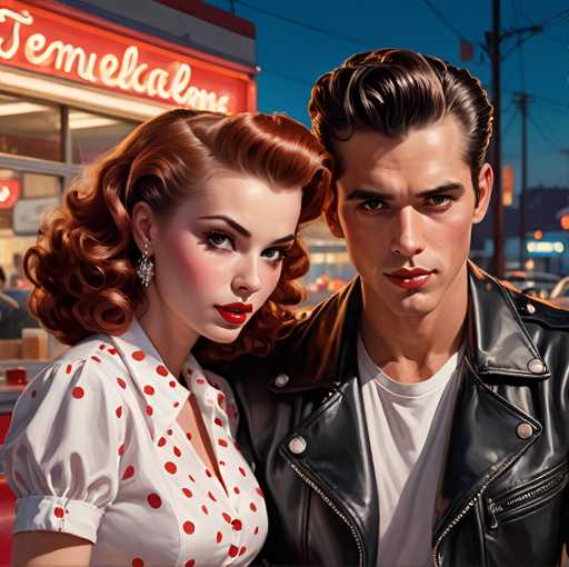 The image depicts a man and woman standing together on a street at night. The man is wearing a black leather jacket and the woman has red hair styled in an updo with white polka dots. They are positioned next to each other, facing away from the camera. In the background, there is a neon sign for a diner called "TEMEKALONE" that adds to the vintage atmosphere of the scene.