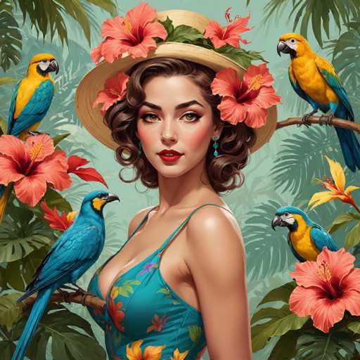 A woman with curly brown hair, wearing a teal tropical dress adorned with orange flowers and a straw hat decorated with vibrant red hibiscus flowers, is surrounded by colorful blue and yellow macaws perched on lush green tropical foliage. The woman has a warm, inviting smile and is looking directly at the viewer with captivating eyes. The overall style of the image is a vibrant, detailed digital painting with a tropical aesthetic.