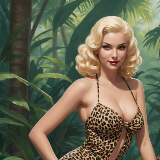 The image depicts a detailed, computer-generated illustration of a blonde woman with curly hair, styled in a 1950s fashion. She has striking blue eyes and red lips, and she is wearing a one-piece leopard print bathing suit with thin straps and a cutout on the side. The woman is standing in a lush, tropical jungle setting, surrounded by various shades of green leaves and tree trunks. The background is filled with dense foliage, creating a vibrant and exotic atmosphere. The woman is looking directly at the viewer, exuding confidence and allure.