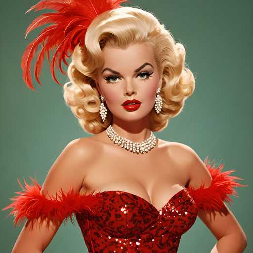 A woman with blonde hair styled in loose curls is the main subject of this image. She is wearing a red dress adorned with gold accents and has a large feather boa draped around her shoulders. The background is a light green color that complements the woman's attire.
