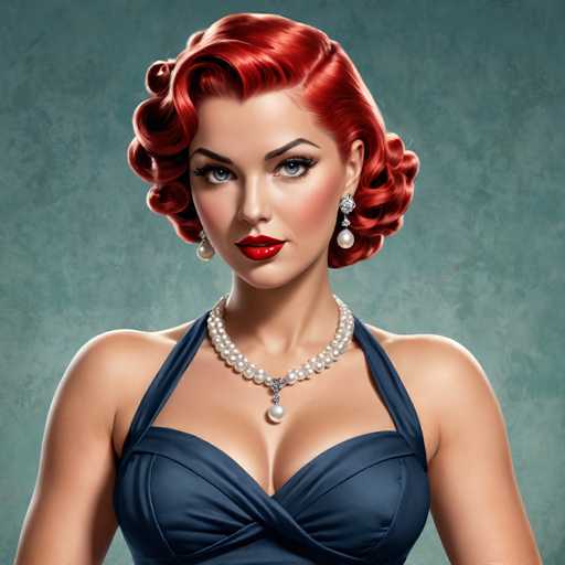 The image shows a woman with red hair wearing a blue dress and pearl necklace. She is looking directly at the camera with an expression of concentration or thoughtfulness. The background is a light green color that contrasts with her dark blue dress, making her stand out.