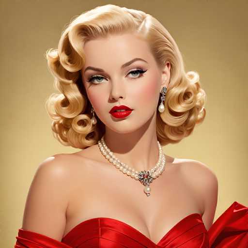 A glamorous portrait of a woman with blonde, voluminous hair styled in soft curls, wearing a red strapless gown and a pearl necklace with a diamond pendant. She has striking blue eyes, bold red lipstick, and rosy cheeks. The lighting is soft and warm, highlighting her features. She's wearing elegant pearl earrings. The background is a muted gold color, creating a vintage and luxurious feel.