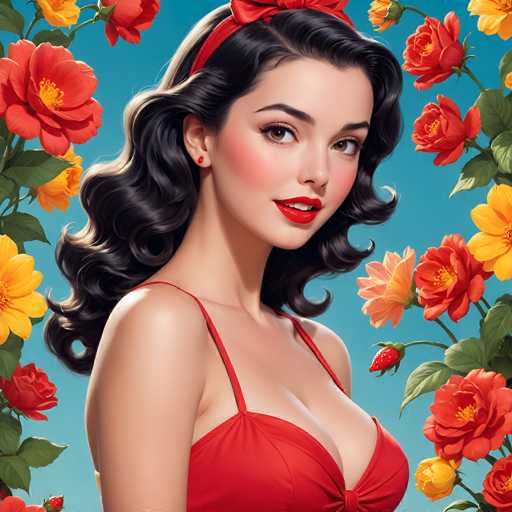 This image is a detailed digital illustration of a young woman, likely in her 20s, with a classic retro style. She has long, wavy black hair that cascades down her back, and she is wearing a vibrant red headband adorned with a large red bow. Her attire includes a red, low-cut dress that reveals her shoulders and part of her chest, with thin straps over her shoulders. The woman has a fair complexion, accentuated by bright red lipstick and blushed cheeks. Her brown eyes are framed by thick black eyebrows, and she is adorned with a small red earring. She is looking directly at the viewer with a slight smile, her head slightly tilted to the right. The background is a solid blue, and the image is bordered by an array of colorful flowers, including red roses, yellow daisies, and orange blooms, which add a lively touch to the composition.