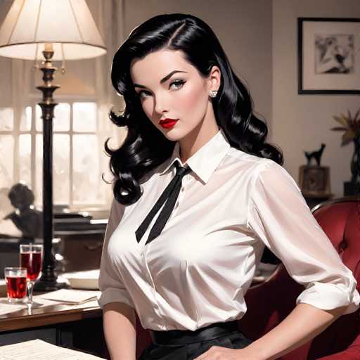 A highly detailed, AI-generated image depicts a woman with long, wavy black hair, styled in a 1950s fashion. She is seated in a red chair, wearing a white button-up shirt with a black tie, and her makeup includes red lipstick and black eyeliner. Her expression is serious, with her gaze directed to the left. The background features a white wall adorned with a black-framed picture and a small statue. To her left, a wooden desk holds two glasses of red liquid, one larger than the other, and a black lamp with a white lampshade. A window behind her reveals a blurred statue outside. The image is strikingly realistic, showcasing the capabilities of modern AI in creating lifelike digital art.
