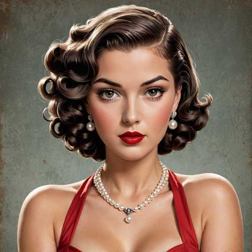 A vintage portrait of a woman with a retro aesthetic, wearing a red halter top and a pearl necklace. She has voluminous, curled brown hair with a soft, vintage-inspired style. Her makeup is classic 1940s, featuring bold red lipstick and defined eyebrows. She's wearing pearl drop earrings. The background is a textured, muted green-grey with a slightly distressed look, enhancing the vintage feel. The lighting is soft and focused on her face, creating a glamorous and nostalgic atmosphere.