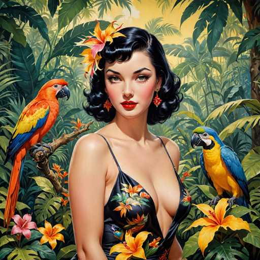 The image depicts a young woman with short, curly black hair styled in a 1950s fashion, adorned with a large yellow flower on the left side of her head. She has striking blue eyes, red lipstick, and is wearing red earrings. Her attire is a black dress featuring a floral pattern with orange and yellow flowers, and it has thin straps over her shoulders. The woman is standing in a lush, tropical jungle filled with various green plants, including palm trees and large orange flowers. On her left shoulder, there is a vibrant parrot with an orange head, yellow and blue wings, and a long tail. On her right shoulder, another parrot with a blue head, yellow chest, and blue wings is perched. The background is a dense array of green foliage, creating a vivid and exotic atmosphere.