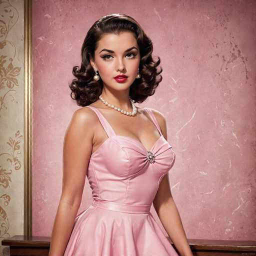 The image features a young woman, likely in her 20s, with a striking resemblance to Marilyn Monroe. She has long, dark brown hair styled in soft curls that frame her face, and she is adorned with large pearl earrings and a matching pearl necklace. Her makeup is bold, with bright red lipstick that accentuates her classic beauty. She is dressed in a sleeveless, light pink dress that has a low neckline and a belt at the waist, which is embellished with a diamond brooch. The dress appears to be made of a satin-like material, adding to its elegant look. The woman is standing in front of a pink wall with a gold frame, and to her left, there is a section of wallpaper with a floral design. The setting suggests a glamorous, vintage-inspired scene, possibly from the 1950s or 1960s.