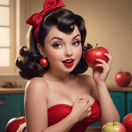 This AI-generated image depicts a woman with a strikingly realistic appearance, yet certain anomalies suggest its artificial origin. She has dark brown hair styled in a 1950s fashion, adorned with a red ribbon. Her makeup is meticulously applied, featuring bright red lipstick, and she wears large, dangling red earrings. She is dressed in a strapless red dress, revealing her bare arms and shoulders. 

In her left hand, she holds a red apple, while her right hand is raised to her chest, with her fingers appearing unusually distorted. The background includes a kitchen setting with blue cabinets and a wooden countertop, adorned with additional red apples. The woman's face is notably smooth, almost giving her an animated quality, and her eyes are a vivid brown. The overall composition is highly detailed, blending realism with subtle digital imperfections.