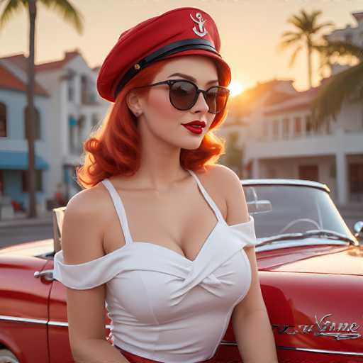 In this vibrant, AI-generated image, a striking woman with long, wavy red hair stands confidently in front of a classic red convertible, likely a Cadillac. She is dressed in a white, low-cut top that accentuates her cleavage, and her ensemble is completed with a red beret adorned with a black band and a silver anchor pin. Her dark sunglasses and bright red lipstick add to her bold appearance. The background features a picturesque scene with white buildings, palm trees, and a setting sun, casting a warm glow over the scene. The woman's face, with its slightly distorted features, suggests the image's AI-generated nature, adding an intriguing, surreal element to the composition.
