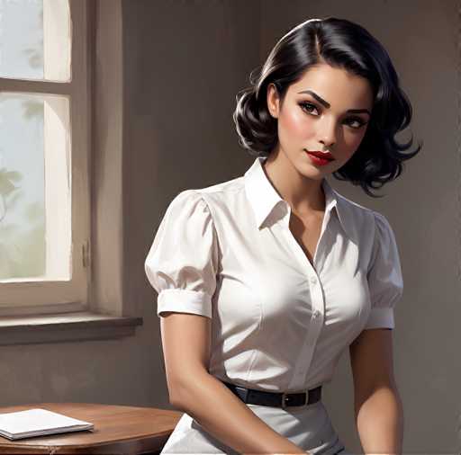 The image portrays a highly realistic, computer-generated depiction of a woman with a strikingly lifelike appearance. She has short, wavy black hair that frames her face, and her dark brown eyes are accentuated by her black eyebrows. Her complexion is fair, and she wears a vivid red lipstick that adds to her overall allure. She is dressed in a white button-up shirt with a collar, and the sleeves are rolled up to her elbows. A black belt cinches her waist, and she appears to be wearing a white skirt, though the image cuts off at her waist, making it difficult to confirm. The woman is positioned in a room with a white wall and a window with a white frame. To her left, there is a wooden table with a white book on it. The overall composition of the image is square, and the woman is centered, gazing slightly to the right. The scene is well-lit, enhancing the realism of the image.
