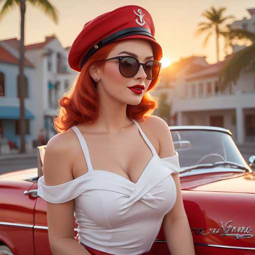 A woman with red hair and a white top is posing next to a classic red car on a city street at sunset.