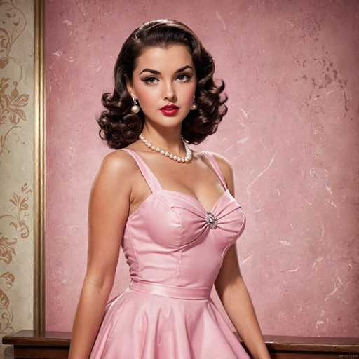 A woman is standing against a pink wall with a gold frame and a white floral patterned curtain behind her. She is wearing a pink dress with a pearl necklace and earrings.