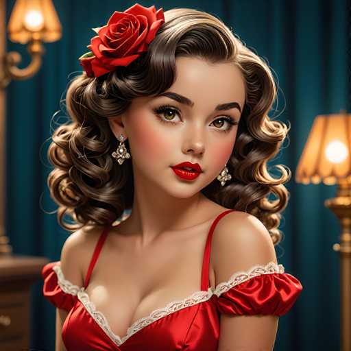 This AI-generated image depicts a young woman with a strikingly realistic appearance. She has long, dark brown hair styled in loose curls that frame her face, and a vibrant red rose adorns the left side of her head. Her makeup is meticulously applied, featuring bright red lipstick, dark brown eyebrows, and long eyelashes that accentuate her light brown eyes. She wears elegant diamond earrings that dangle from her ears, adding a touch of sparkle to her ensemble. Her attire consists of a red dress with thin straps and a low neckline, which reveals a hint of cleavage. The background is a dark blue, almost black, with a slightly blurred effect that draws focus to the woman. On either side of her, there are two lamps with gold bases and white lampshades, providing a warm glow to the scene. The overall composition highlights the woman's beauty and the luxurious setting, creating a captivating and detailed visual experience.