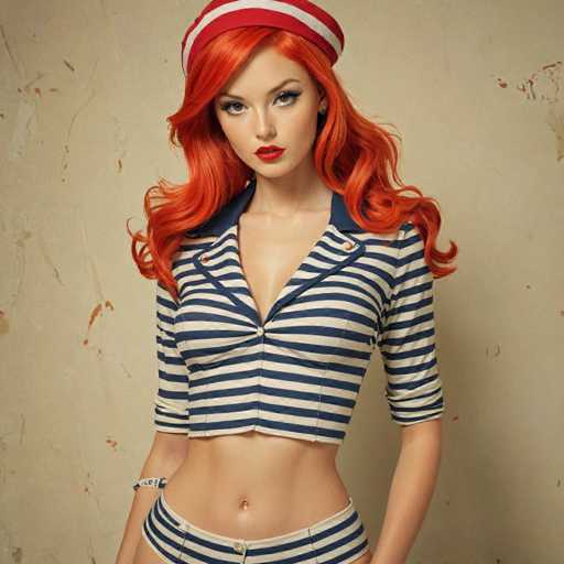 A striking image features a woman with vibrant red hair, styled in a 1920s flapper fashion. She is adorned with a red and white striped cap, reminiscent of the era's iconic headwear. Her makeup is bold, with dark, dramatic eye shadow and bright red lipstick that accentuates her features. She is dressed in a cropped blue and white striped shirt, revealing her midriff, paired with matching blue and white striped shorts. A white and blue striped bracelet adorns her right wrist. The background is a textured, cream-colored wall with a peeling paint effect, adding a vintage touch to the scene. The woman gazes directly at the camera, exuding confidence and a timeless allure.