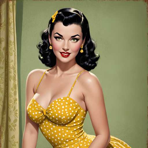 A woman with black hair and a yellow dress is the main subject of this image. She has her arms crossed over her chest and is looking directly at the camera. The background features a green curtain that matches the color of her dress.