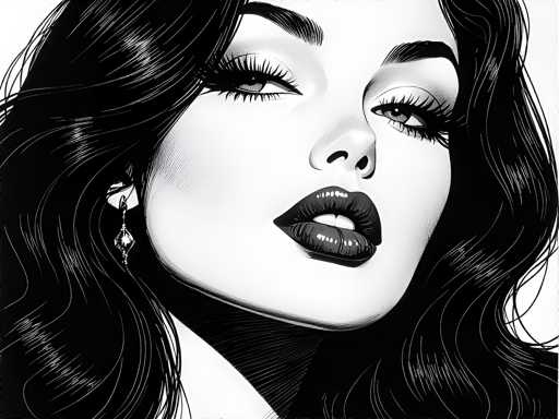 This black and white illustration features a close-up of a woman's face, capturing her from the top of her head down to her neck. She has long, wavy black hair that cascades down both sides of her face, partially obscuring her ears. Her hair is adorned with a dangling earring on the visible ear, which appears to be a diamond shape with smaller beads hanging from it. The woman's facial features are striking, with long eyelashes and dark, thick eyebrows. Her eyes are slightly squinted, giving her a seductive expression. Her lips are full and painted with dark lipstick, and her mouth is slightly open, revealing her top teeth. The background is a stark white, emphasizing the contrast and details of her face. The overall composition and style suggest that this could be a cover for a magazine or a comic book.