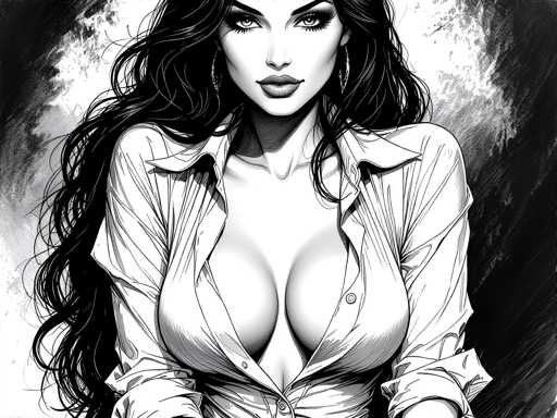 This black and white illustration features a strikingly beautiful woman with long, wavy black hair cascading down to her waist. She is depicted from the top of her head to just below her chest, with her head slightly tilted to the left. Her facial features are accentuated by heavy eye makeup, including long eyelashes and dark eyeshadow, and she has full lips adorned with lipstick. She wears large hoop earrings that dangle elegantly from her ears.

Her attire consists of a loose, long-sleeved button-up shirt with the sleeves rolled up to her elbows. The shirt is unbuttoned from the collar down to her chest, revealing a generous amount of cleavage and a glimpse of her stomach. The background is a gradient of dark gray to black, with a white area behind her head that contrasts sharply with her figure, drawing attention to her detailed and captivating appearance.