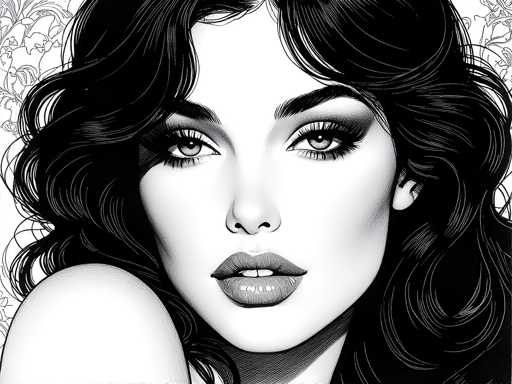 This black and white illustration features a close-up of a woman's face, capturing her from the top of her head down to just below her chin. She has long, wavy black hair that cascades down to her shoulders, with a slight part on the left side. Her hair is adorned with intricate white floral patterns, adding a delicate touch to the monochromatic image. The woman's face is framed by thick, dark eyebrows and long eyelashes, with her eyes appearing grayish due to the shading. Her lips are full and slightly parted, revealing two front teeth, and she has a subtle, almost neutral expression. The background is white, emphasizing the contrast and details of her features. The overall composition highlights her elegant and serene appearance, with a focus on her facial features and the intricate floral patterns in her hair.