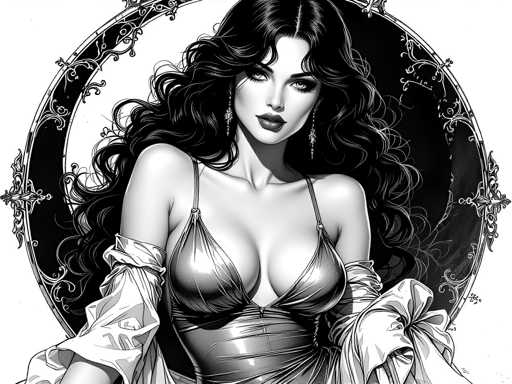 This black and white illustration features a striking woman with long, wavy black hair cascading down to her waist. She is adorned in a low-cut, shiny dress that appears to be made of leather or plastic, with thin straps over her shoulders. The dress is complemented by a sheer, long-sleeved shirt that drapes off her shoulders, revealing her bare arms. Her lips are painted a bold red, and she wears long, dangling earrings. The woman's head is slightly tilted to the right, and she gazes directly at the viewer with a serious expression. Behind her, a large, ornate circular object, possibly a mirror or a decorative shield, serves as the backdrop. This object is black with intricate white designs along its edges, adding a touch of elegance to the overall composition.