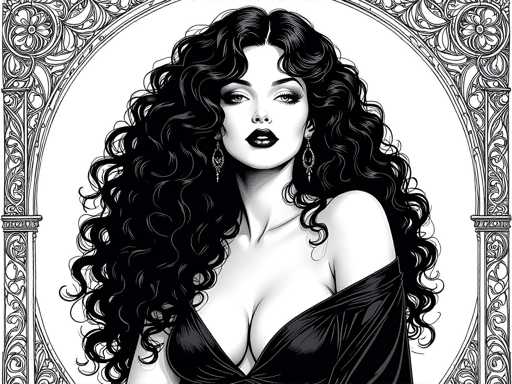 This black and white illustration features a striking woman with long, wavy black hair cascading down to her waist. She is adorned in a low-cut black dress that reveals a significant portion of her chest, with one shoulder exposed. Her makeup is bold, featuring dark lipstick and heavy eye makeup, and she wears long, dangling earrings. The woman gazes directly at the viewer, her head slightly tilted to the right. She stands against a white background framed by an ornate, intricate border resembling a church window or stained glass. The border is detailed with floral and vine patterns, adding a touch of elegance to the overall composition.