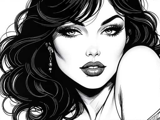 This black and white illustration features a close-up of a woman's face, capturing her from the top of her head down to just below her neck. She has long, wavy black hair with bangs that partially cover her forehead. Her hair is adorned with a dangling earring on her right ear, which is visible on the left side of the image. The woman's eyes are light-colored, possibly blue or gray, and she wears dark lipstick that accentuates her full lips. Her eyebrows are thick and well-defined, adding to her expressive appearance. She is looking directly at the viewer with a neutral expression. The background is white, and her left shoulder is slightly raised, with her arm bent, though the rest of her body is not visible in the frame. The overall style of the drawing is detailed and realistic, emphasizing the contrast between the black hair and the white skin.